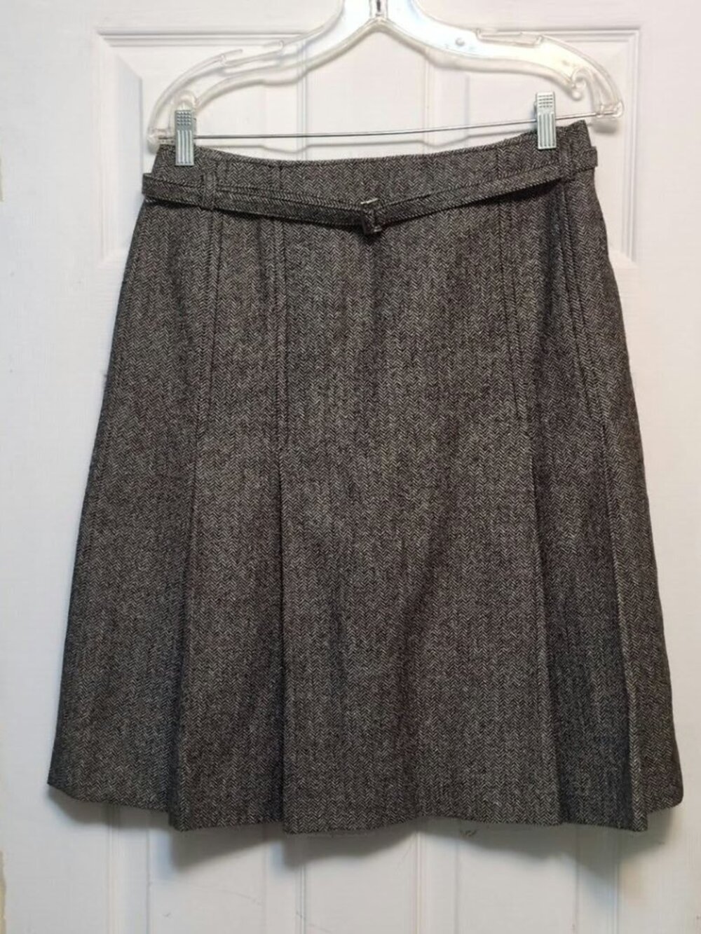 Vintage Josephine Chaus Herringbone Pleated Midi Skirt Belted Dark Academia Sz 8